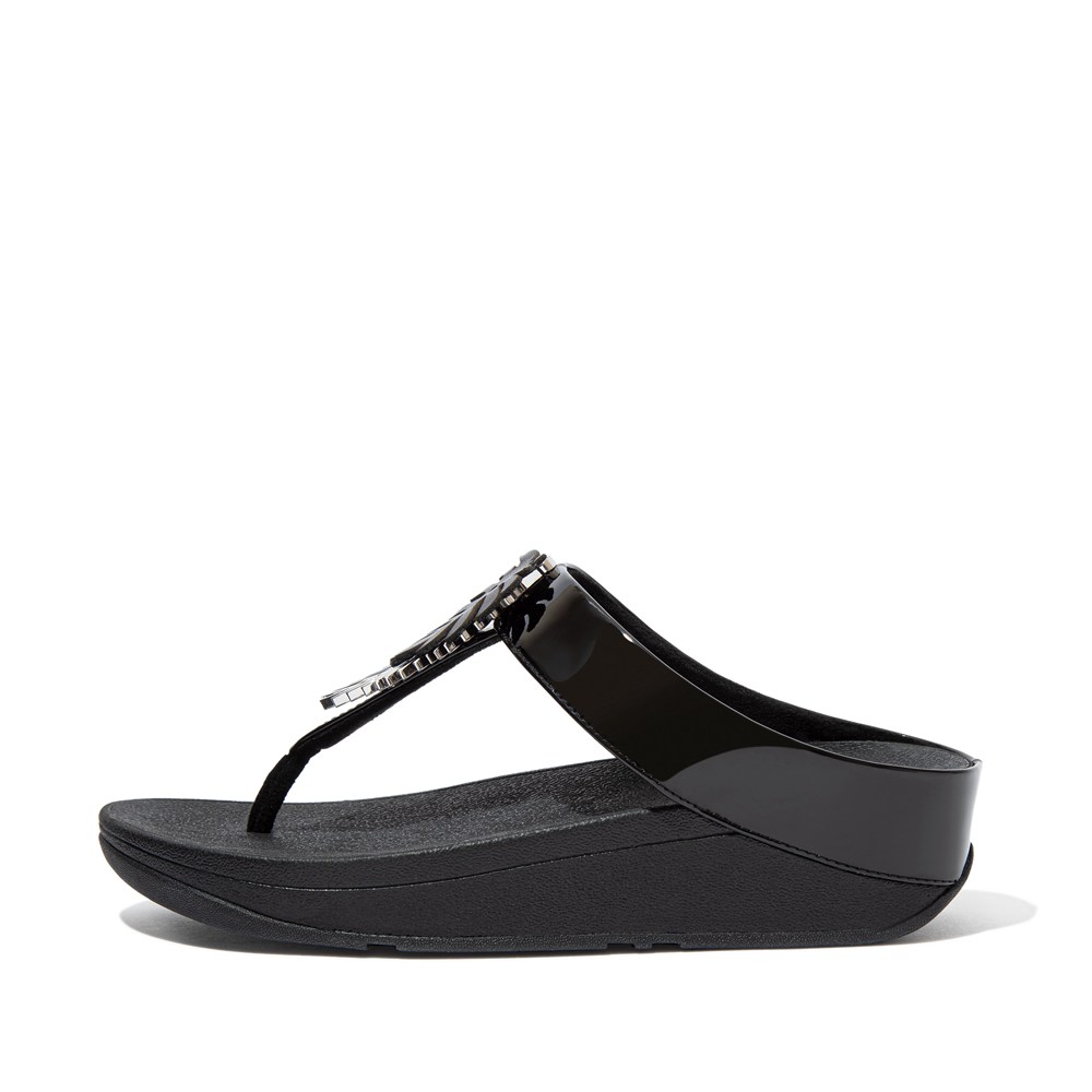 Fitflop Womens Sandals Black - Fino Jungle-leaf Patent Toe-post - ZF0987235